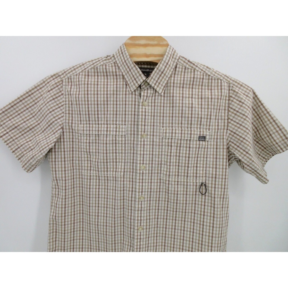 EDDIE BAUER Classic Fit Short‎ Sleeve Button Front Shirt Men's Large Beige Plaid
